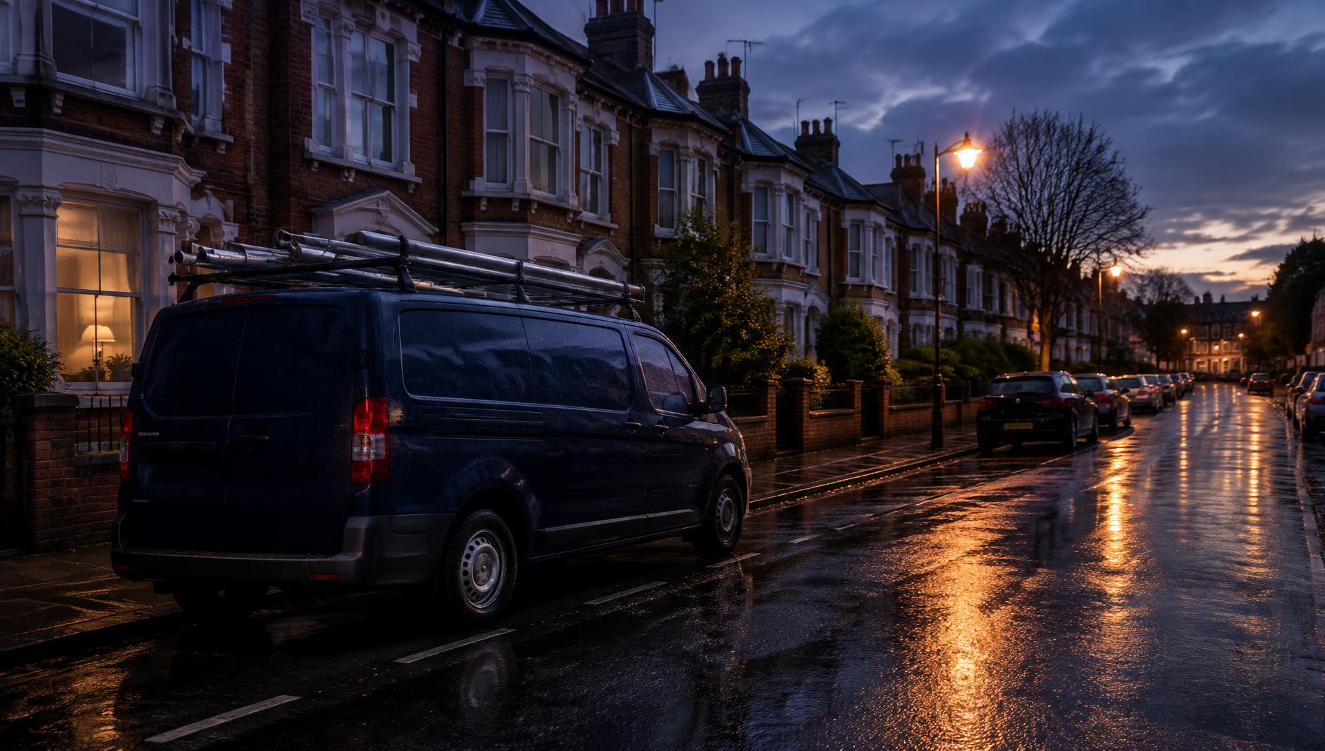 Evo Plumbers van on a London street at dusk